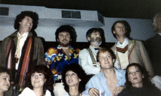 Cast and crew of Doctor Who reunited at a 1983 fan convention celebrating 20 years of the programme. Clockwise from top left: Tom Baker (fourth Doctor, 1974-1981), John Nathan-Turner (producer, 1980-1989), Patrick Troughton (second Doctor, 1966-1969), Peter Davison (fifth Doctor, 1981-1984), and Jon Pertwee (third Doctor, 1970-1974); with 'companion' actors Sarah Sutton (1981-1983), Mark Strickson (1983-1984), Carole Ann Ford (1963-1964), Elisabeth Sladen (1974-1976), Janet Fielding (1981-1984).